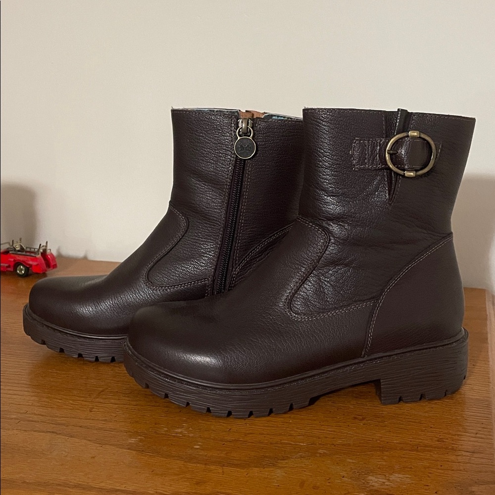 Alegria PG Lite brown leather zip boots SHE-8104 36 6 6.5 lug sole moto like new
